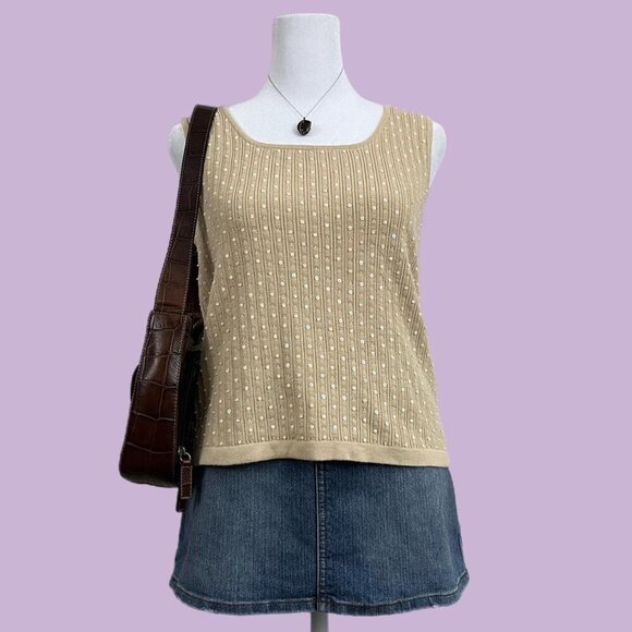 beige beaded sequin vintage 90s stretchy cropped tank top - Picture 1 of 8